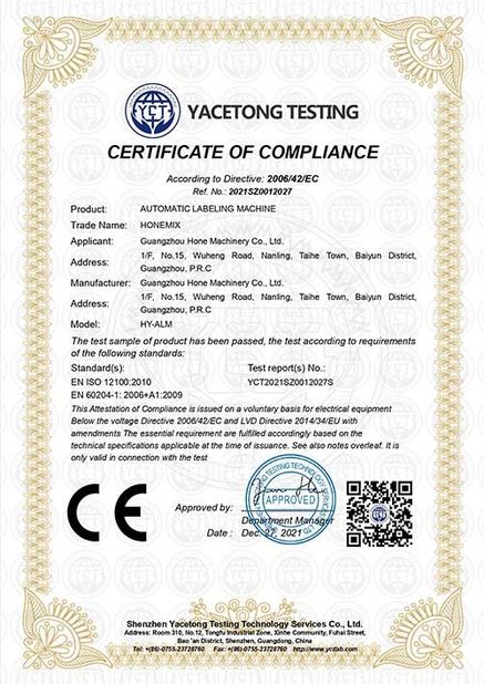 China Guangzhou Hone Machinery Co., Ltd. zertifizierungen